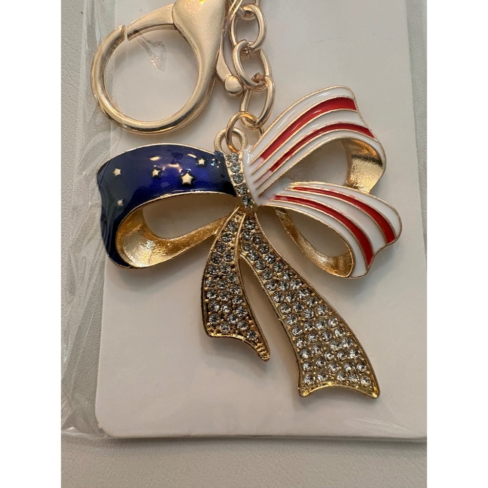 Patriotic American Flag Bow Keychain‎ Rhinestone Enamel Gold Tone Bag Charm